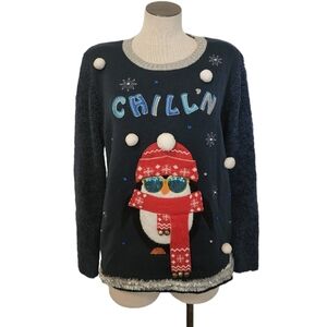 Holiday Time Chill'n Penguin Blue Crew Neck Long Sleeve Christmas Sweater Size L